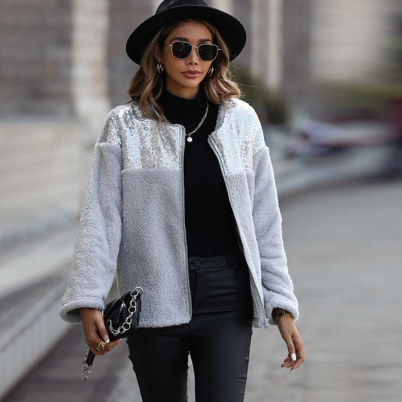 Women Trench Coat Autumn Leisure Plush Women's Long Sleeve Sequined Cardigan round Neck Baggy Coat