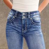 Women's pants: cross-border fashion, spring/summer styles, back pocket, double button, slim-fit, stretch denim jeans with embroidery