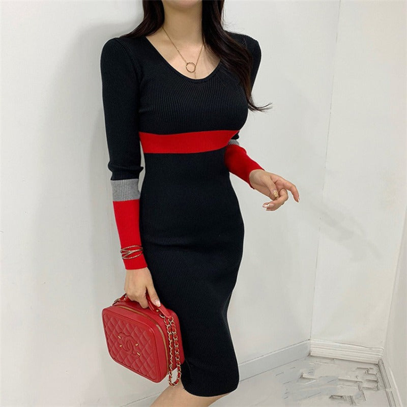 Women Maxi Dress Spring and Autumn V-neck Hip Knitwear Dress