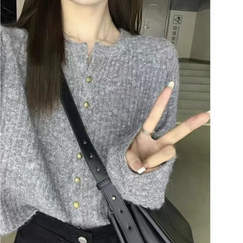 Women Knitted Cardigan Short Gray Spring and Autumn Sweater Coat