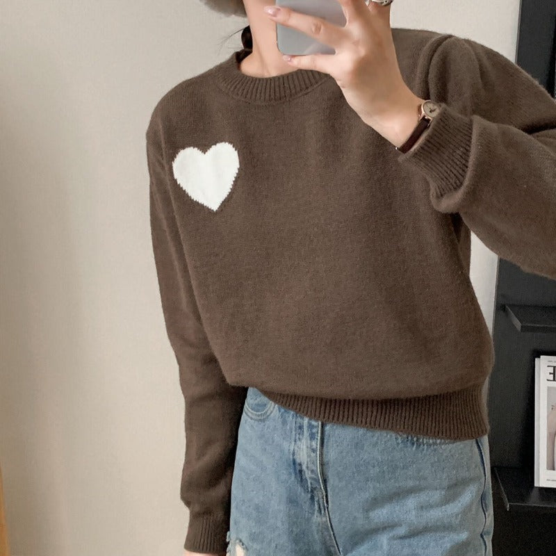 Women Knitted Pullover Love Embroidered Crew Neck Sweater Autumn and Winter Loose Long Sleeve Pullover Sweater