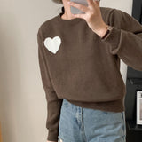 Women Knitted Pullover Love Embroidered Crew Neck Sweater Autumn and Winter Loose Long Sleeve Pullover Sweater