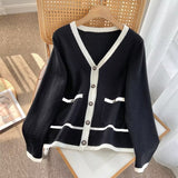 Women Sweater Knitwear Autumn and Winter Classic Style Contrast Color V-neck Knitted Cardigan Sweater Coat