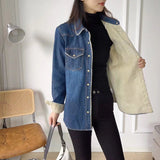 Women Jacket Autumn and Winter Loose Vintage Fleece-Lined Denim Shirt