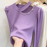 Women Knitwear Autumn and Winter Hollow out Shoulder-Baring Sweaters Bottoming Shirt
