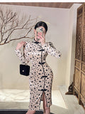 Women Maxi Dress Autumn Winter Retro Gold Velvet Sheath Cheongsam Long Sleeve Dress