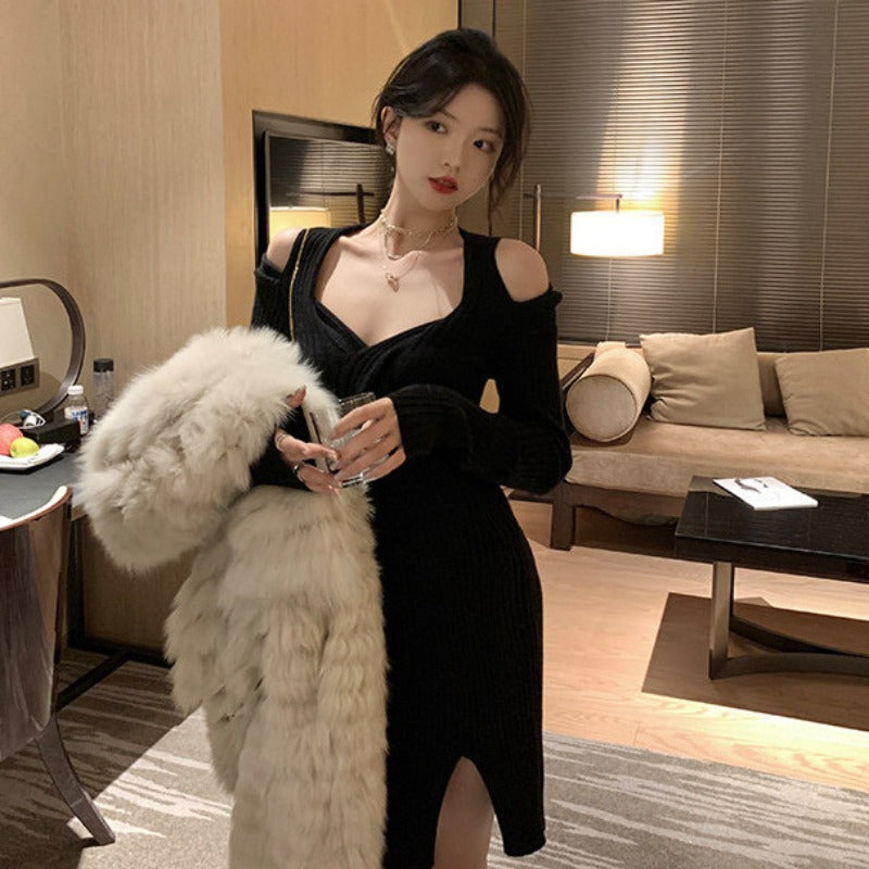 Women Maxi Dress Autumn and Winter off-the-Shoulder V-neck Knitted Long Sleeve Narrow Dress