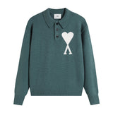 Ami araunriflove polo collar lapel wool sweater long sleeves couple fall and winterembroiderknitting shirt