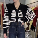 Women Knitwear Autumn and Winter Striped V-neck Sweaters Cardigan