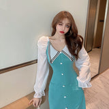 Women Maxi Dress Autumn Winter Sexy Chiffon Long Sleeve Knitted Sheath Dress