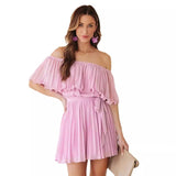 Women's summer solid color sexy pleated short sleeve jumpsuit casual vacation one-piece off-the-shoulder shorts