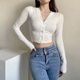 Women Sweater Knitwear Backless T-shirt Women's Summer V-neck Double-Breasted Short Midriff Outfit Bottoming Shirt
