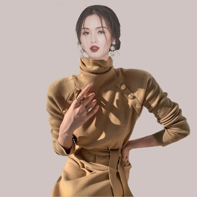 Women Maxi Dress Autumn Winter Retro Turtleneck Buttons Long Sleeve Knitted Dress