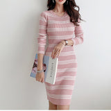 Women Maxi Dress Autumn and Winter Striped Sheath Long Sleeve Knitted Dress