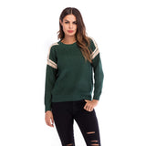 Women Knitted Sweater Casual Top Autumn Crew Neck Long Sleeve Color Matching Sweater