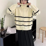Women Knitted Cardigan Contrast Color Striped Lapel Sweater Coat Retro Loose Knitted Cardigan