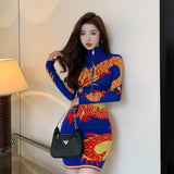 Women Maxi Dress Autumn and Winter Zipper Long Sleeve Turtleneck Sweaters Striped Dress