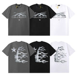 Hip-hop t-shirts: spring/summer high street trendy short-sleeve starry sky flame letter embossed portrait print tee