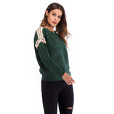 Women Knitted Sweater Casual Top Autumn Crew Neck Long Sleeve Color Matching Sweater