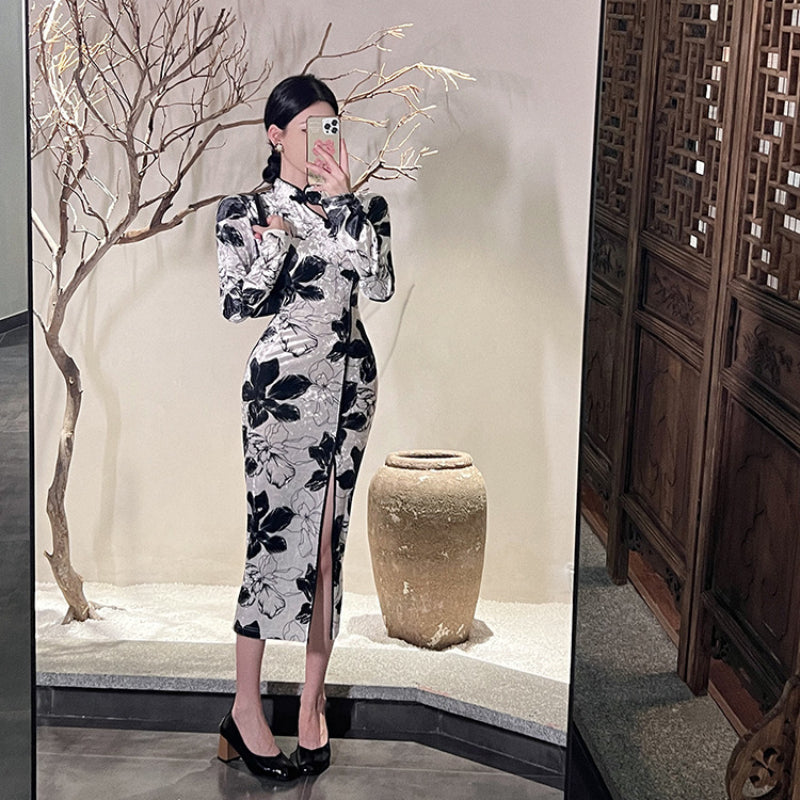 Women Maxi Dress Autumn Winter Retro Velvet Sheath Long Sleeve Cheongsam Dress