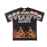 Hip-hop t shirts american high street hip hop street retro washed distressed flame skull printing short-sleeved t-shirt tee