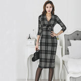 Women Maxi Dress Spring and Autumn Sheath V-neck Plaid Dress