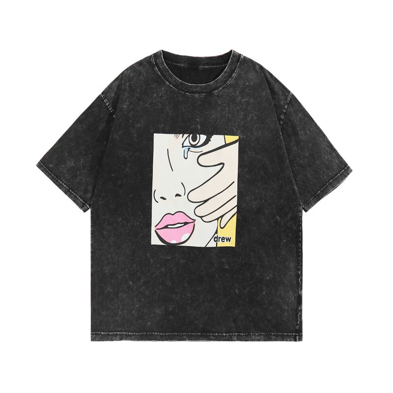 Drew house tshirt r d@ew girl crying face graphic, washed and distressed short sleeve tee wholesale