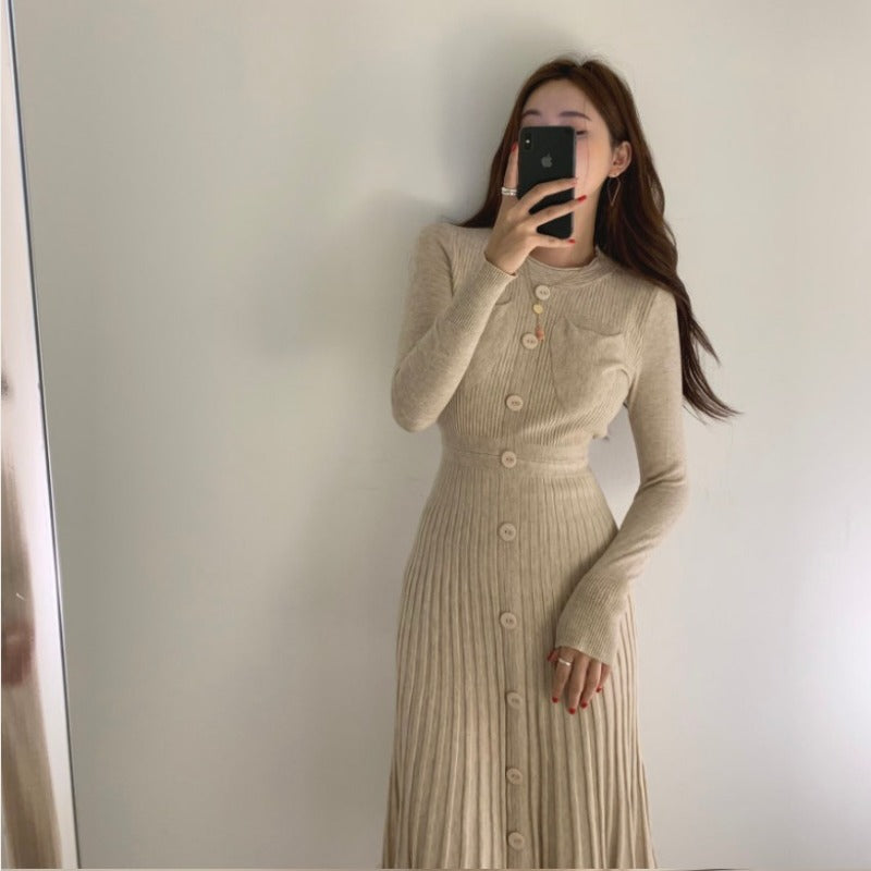Women Maxi Dress Autumn and Winter Single-Breasted Mid-Length Pleated Knitted Long-Sleeved Dress