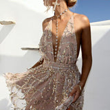 Women's Evening Gown Sexy V-neck Halter Backless Tassel Sequins Beach Dress