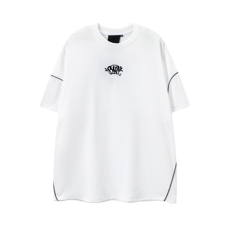 Hip-hop t-shirts, american-style short-sleeve letter embroidery reflective stripe spring/summer new arrivals, short-sleeve t-shirt