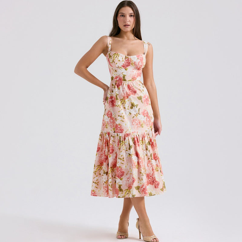 Women Dresses Summer Floral Slip Dress Slim Fit Backless Long Dress (Lbk0409)