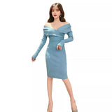 Women Maxi Dress Spring and Autumn Sexy Long Sleeve V-neck Dress Knitted Sheath Dress