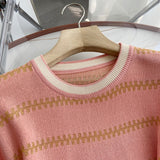 Women Sweater Knitwear Striped Loose Short Sleeve Knitted T-shirt Female Student O-neck Short Top