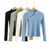 Women Sweater Knitwear Mandarin Collar Knitwear Spring Sexy Long Sleeve T-shirt