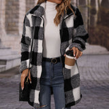 Women Trench Coat Autumn Lapel Long Sleeve Loose Plaid Zipper Double-Sided Velvet Casual Long Coat