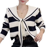 Women Knitwear Autumn and Winter Striped Sailor Collar Sweater Women's Knitted Cardigan