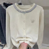 Women Knitted Cardigan Autumn and Winter Sequined Embroidered Knitted Cardigan Single-Breasted round Neck Sweater