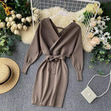 Women Maxi Dress Autumn Winter Sexy Long Sleeve V-neck Knitted Sheath Dress