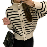 Women Knitted Cardigan Turtleneck Coat Autumn and Winter Striped Knitted Sweater