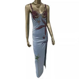 Women Dresses Blue Rhinestone Sequin Sling Long Dress (Ont0408)