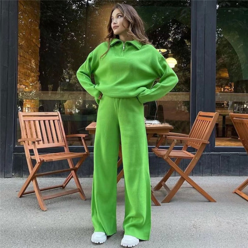 Ladies Leisure Knitwear Polo Collar Sweater Suit Casual Knitted Two-Piece