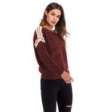 Women Knitted Sweater Casual Top Autumn Crew Neck Long Sleeve Color Matching Sweater