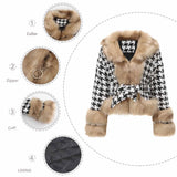 Women Trench Coat Autumn and Winter Plaid Coat Detachable Short Fur Collar Top Houndstooth