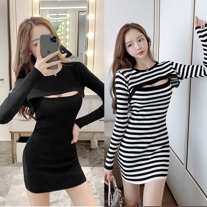 Women Maxi Dress Spring and Autumn Sexy Long Sleeve Short Dress Knitted Hip Spaghetti Straps Dress