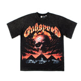 Hip-hop t-shirts: american streetwear retro cloud skull letter print washed vintage trendy short sleeve tee