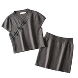 Women Sweater Knitwear Retro V-neck High Waist Exposed Navel Knitted T-shirt Sheath Skirt Suit