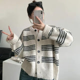 Women Knitted Cardigan Striped Knitted Cardigan Coat Autumn and Winter Loose round Neck Sweater