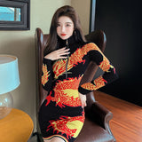 Women Maxi Dress Autumn and Winter Zipper Long Sleeve Turtleneck Sweaters Striped Dress