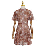 Women Dresses Summer Retro Short Sleeve Dress Stand Collar Single-Breasted Skirt (Qymy0409)