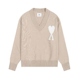Ami's heartfelt jacquard heavyweight v-neck knit pullover wool sweater - perfect for couples and wedding photos (autumn/winter)
